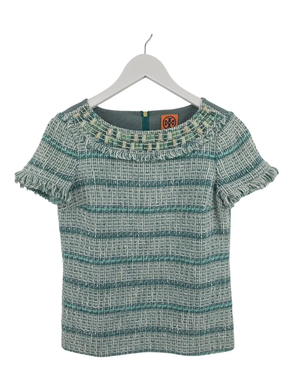 Tory Burch Joan Ribbon Tweed Blouse Size 2 Beaded Collar Striped Teal Fringe